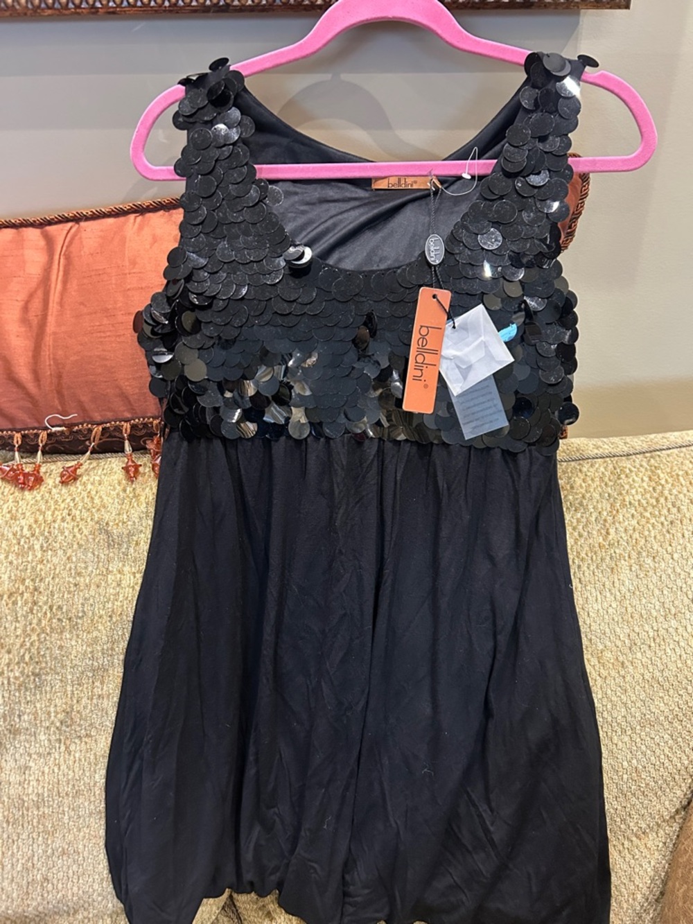 Belldini Black Sequin Palettes Tank Dress with Bubble Hem size L-NWT